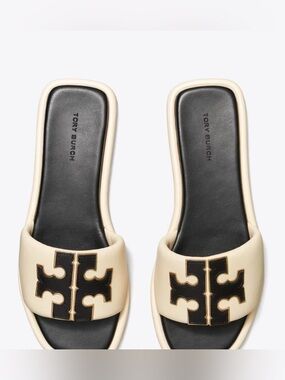 Tory Burch Cream and Black Logo Slide Mules